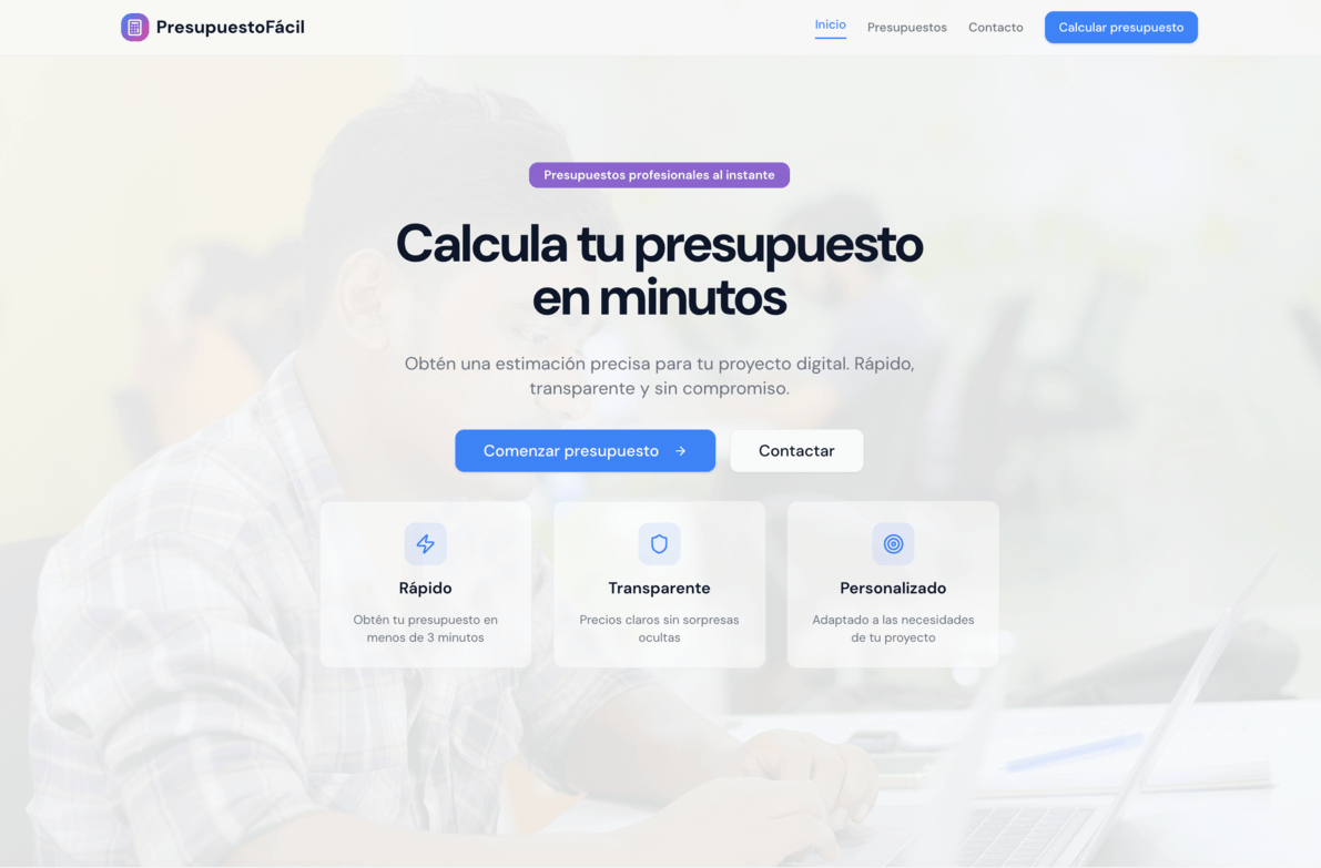 Pantalla de inicio de la calculadora de presupuestos