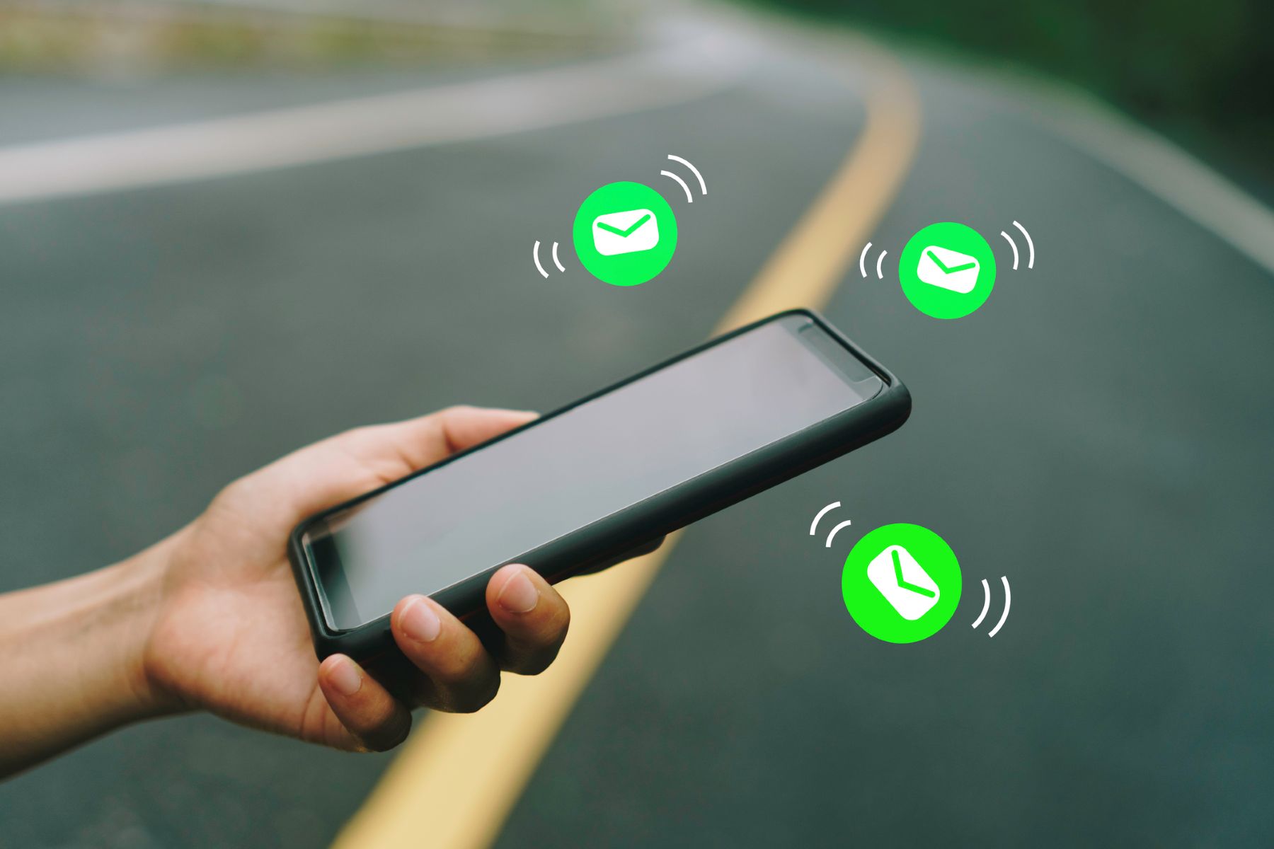 Mano de mujer con smartphone para enviar y recibir SMA sobre fondo de carretera