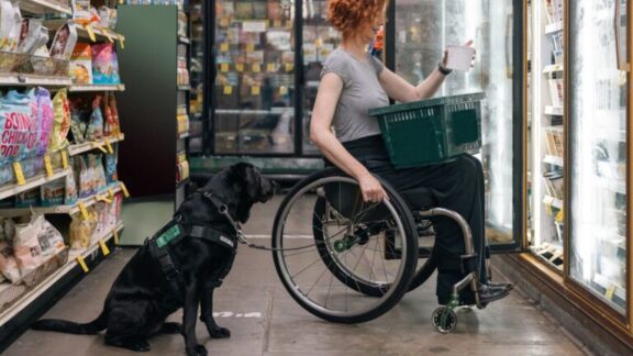 Una mujer en silla de ruedas va de compras con su perro de servicio.