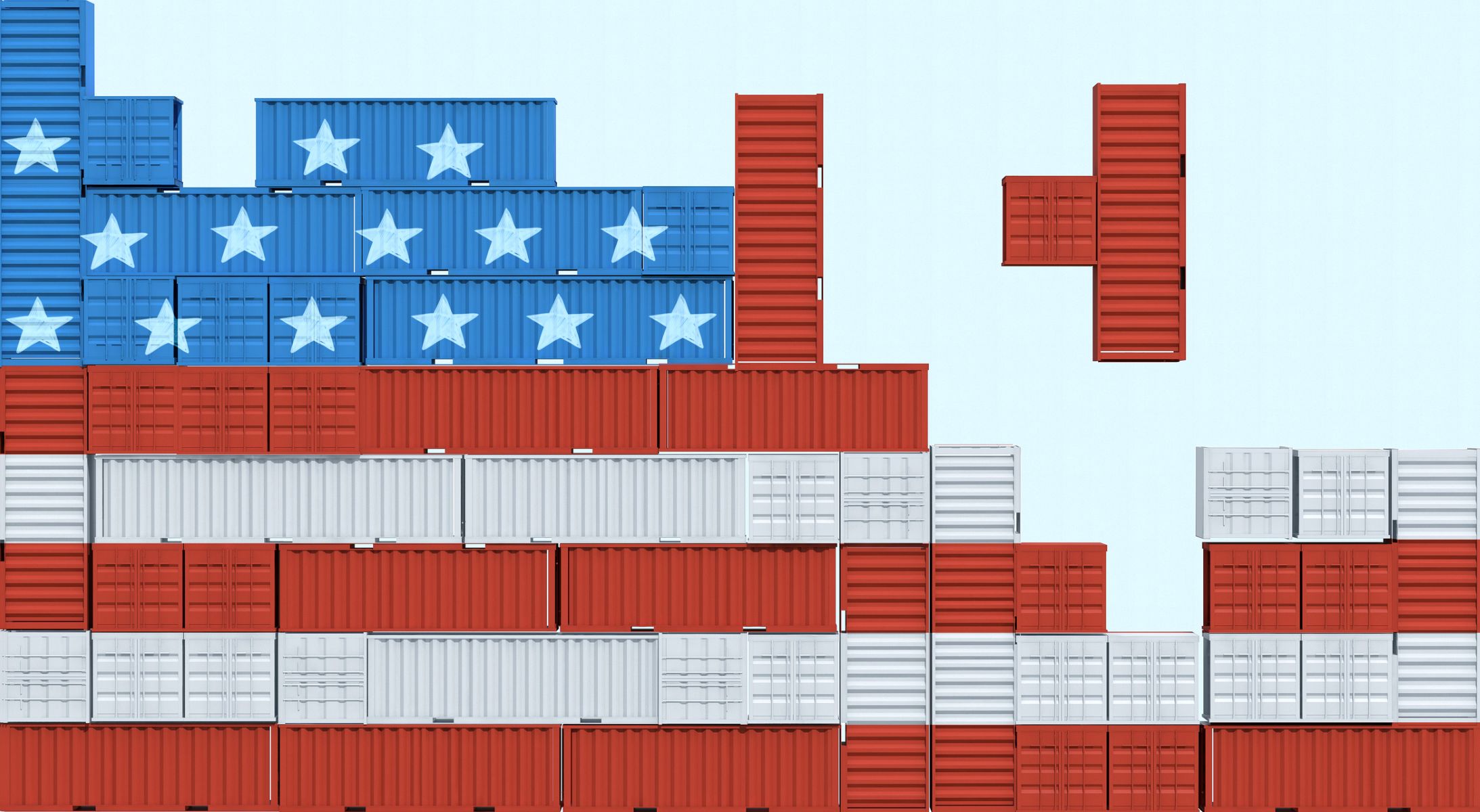 Bandera de Estados Unidos formada por contenedores de transporte como piezas de tetris