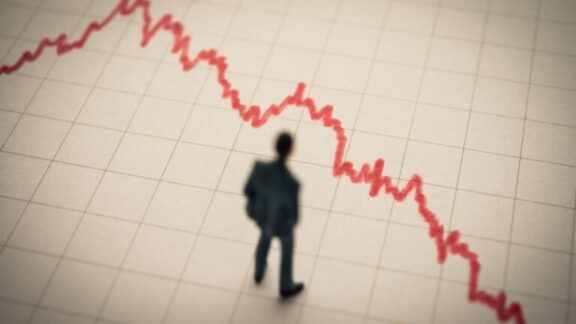 Silueta de hombre de negocios sobre un gráfico en tendencia descendente.