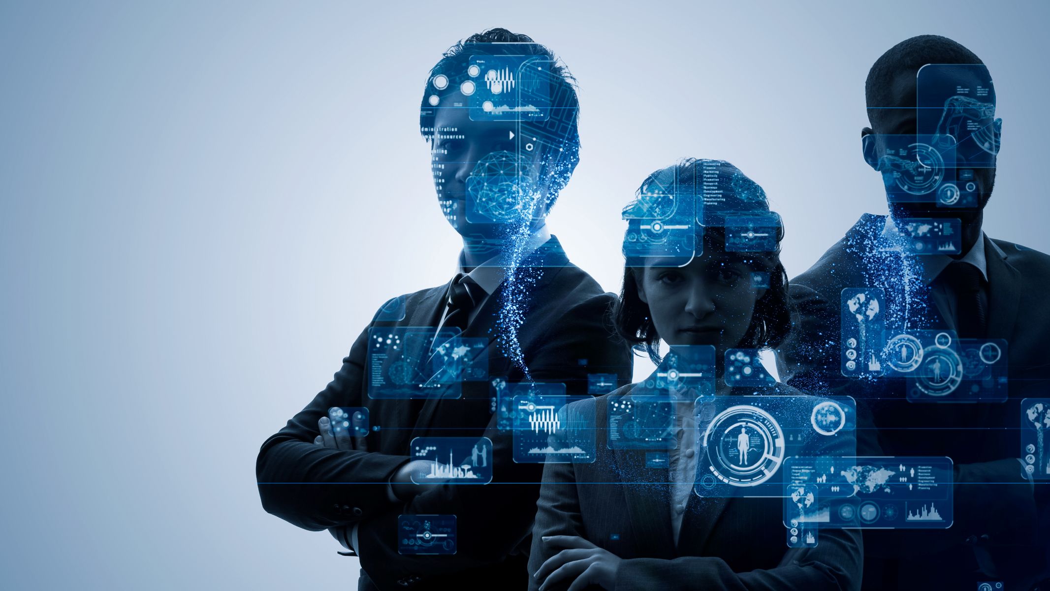 Siluetas de tres directivos sobre los que se superponen gráficos de negocio y tecnología