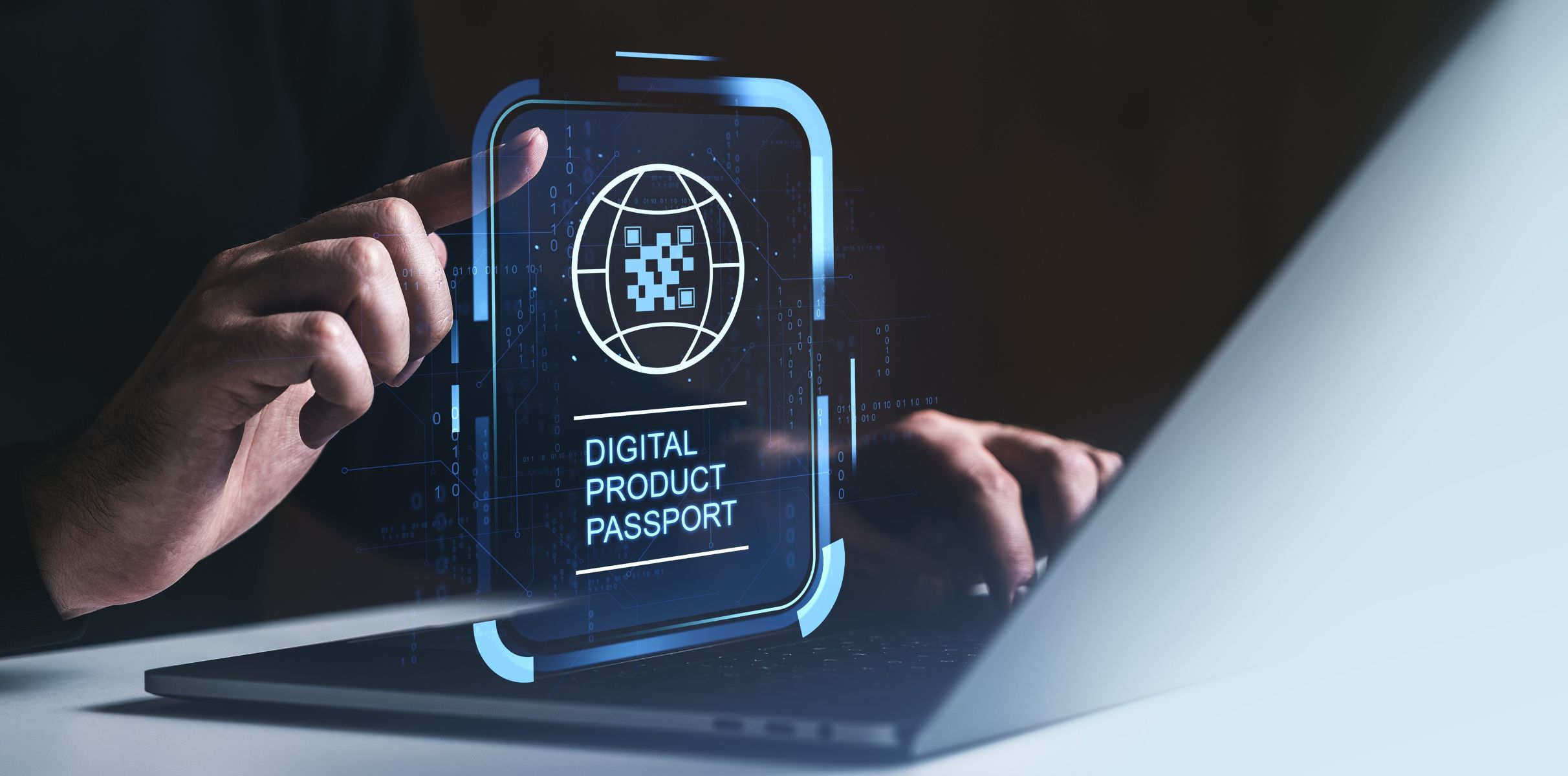Concepto de pasaporte de producto digital en dispositivo de interfaz de pantalla futurista transparente