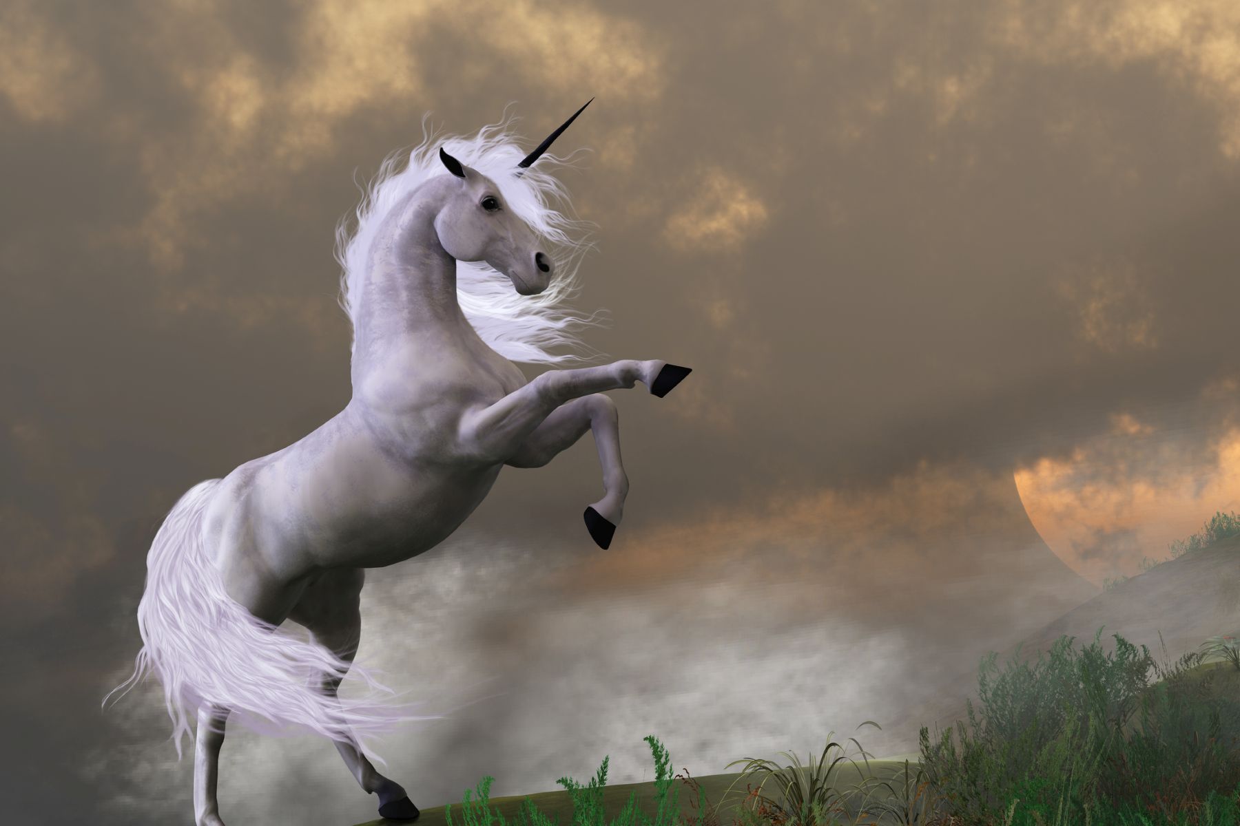 Unicornio rampante sobre fondo con nubarrones
