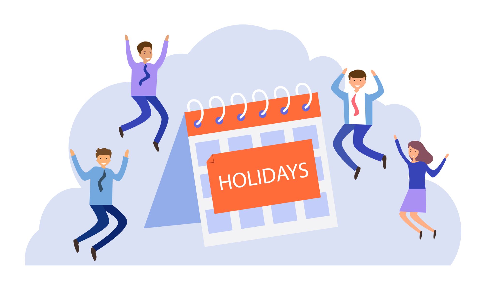 Calendario con la palabra 'vacaciones' en inglés y empleados saltando felices a su alrededor.