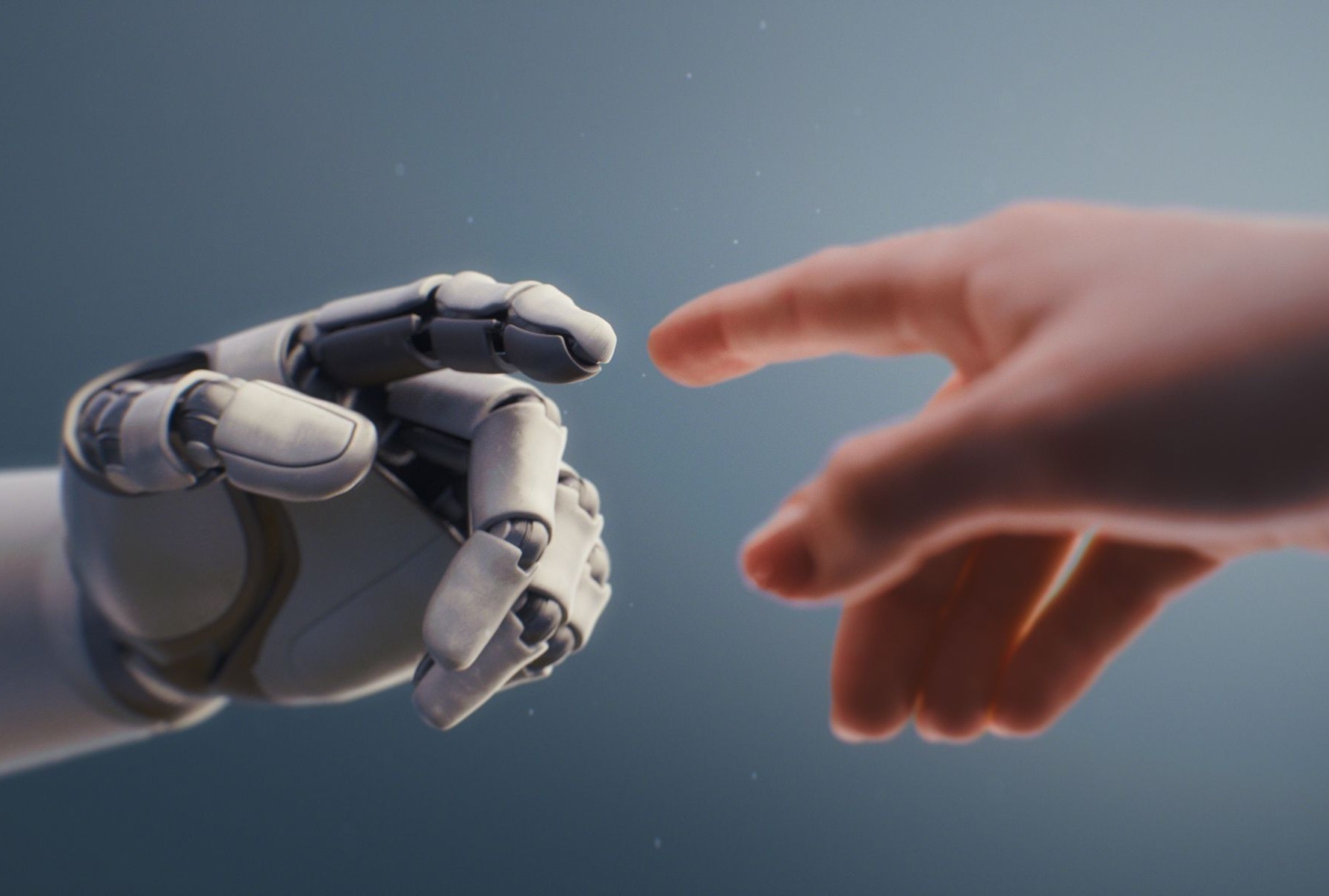 Mano de robot humanoide y humano tocándose con las yemas de los dedos