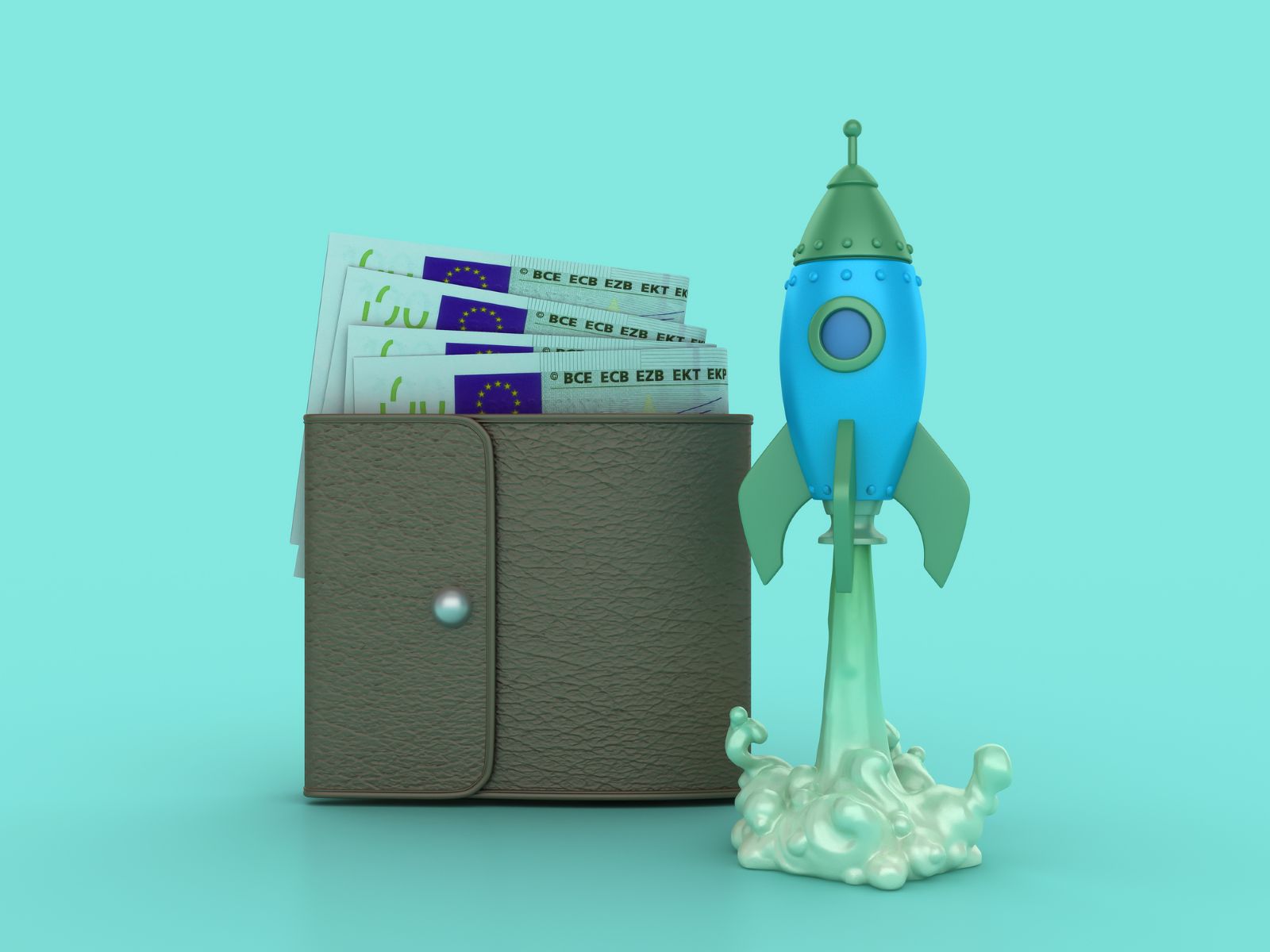 Cohete despegando junto a cartera de la que salen billetes de euro