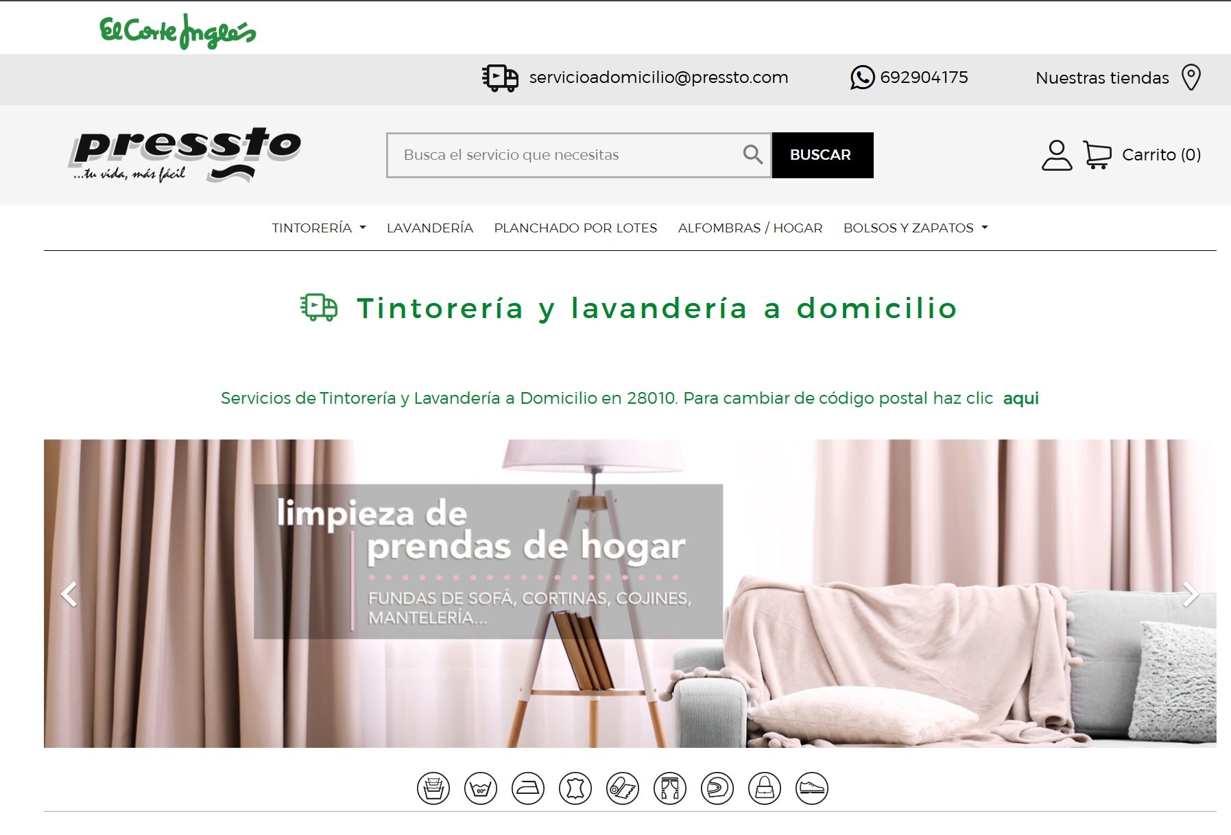 web de la tienda conjunta abierta por pressto y el corte inglés