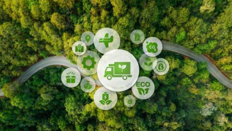 Íconos conceptuales de transporte y conservación de la naturaleza o logística y carreteras con vista aérea