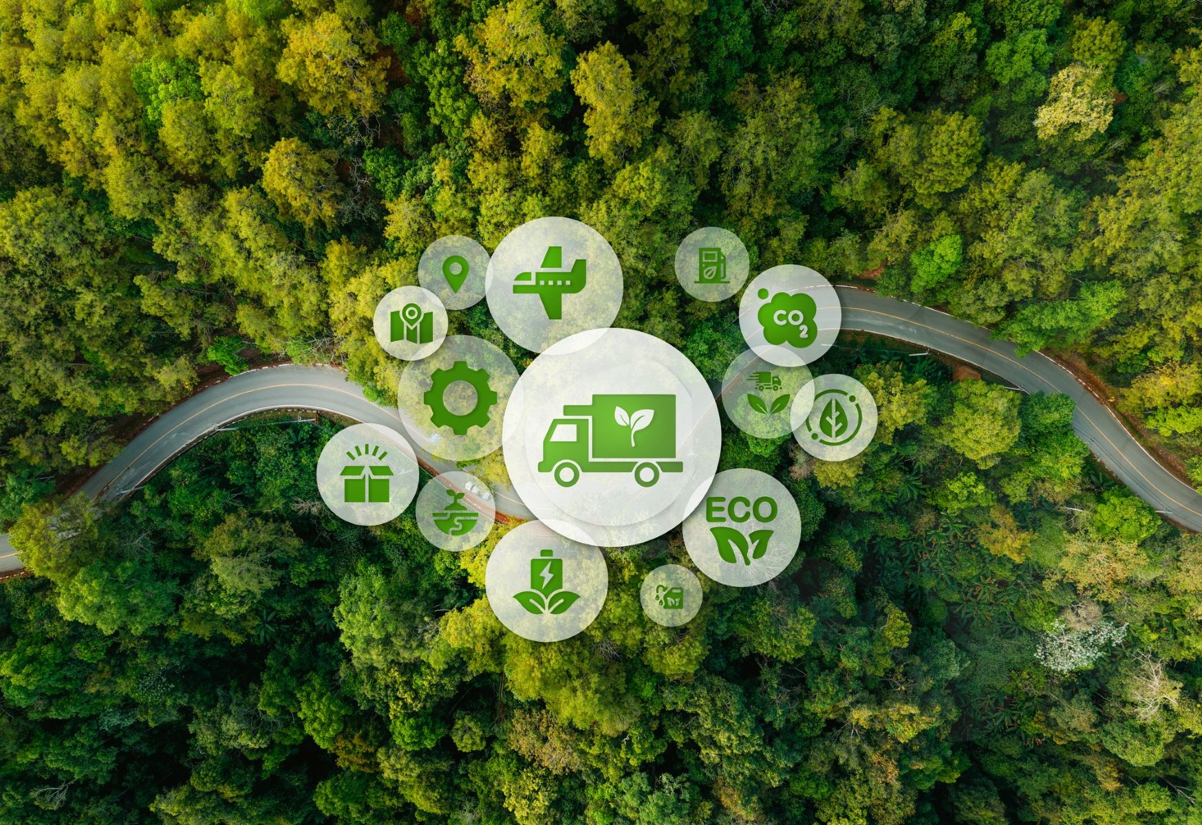 Íconos conceptuales de transporte y conservación de la naturaleza o logística y carreteras con vista aérea