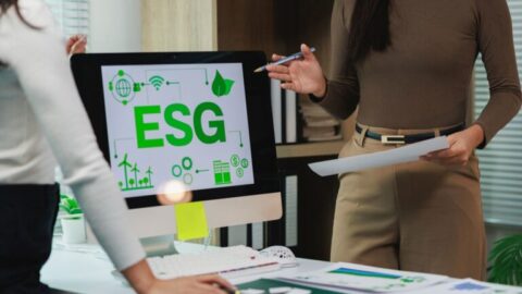 Mujeres directivas discuten la estrategia de sostenibilidad delante de una mesa con una pantalla de ordenador
