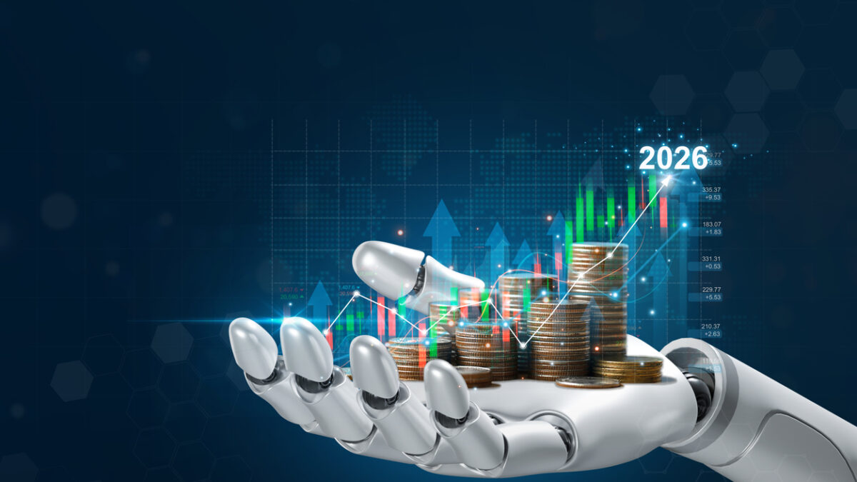 Concepto de IA y financiación, ilustrado con una mano robótica que sostiene pilas de monedas. ascendentes con gráficos digitales 2026, que muestran inteligencia artificial en fintech. estrategia de inversión, trading, análisis, crecimiento