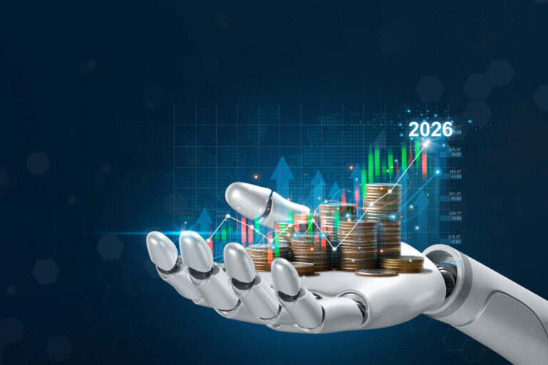 Concepto de IA y financiación, ilustrado con una mano robótica que sostiene pilas de monedas. ascendentes con gráficos digitales 2026, que muestran inteligencia artificial en fintech. estrategia de inversión, trading, análisis, crecimiento