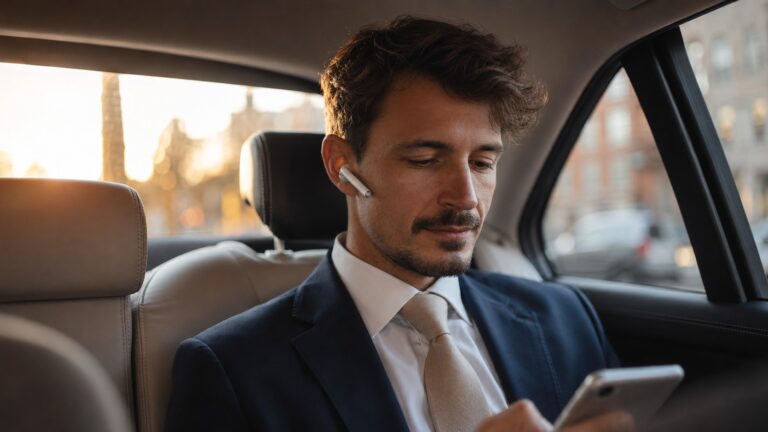 Directivo mirando su móvil y con auriculares mientras viaja en su coche