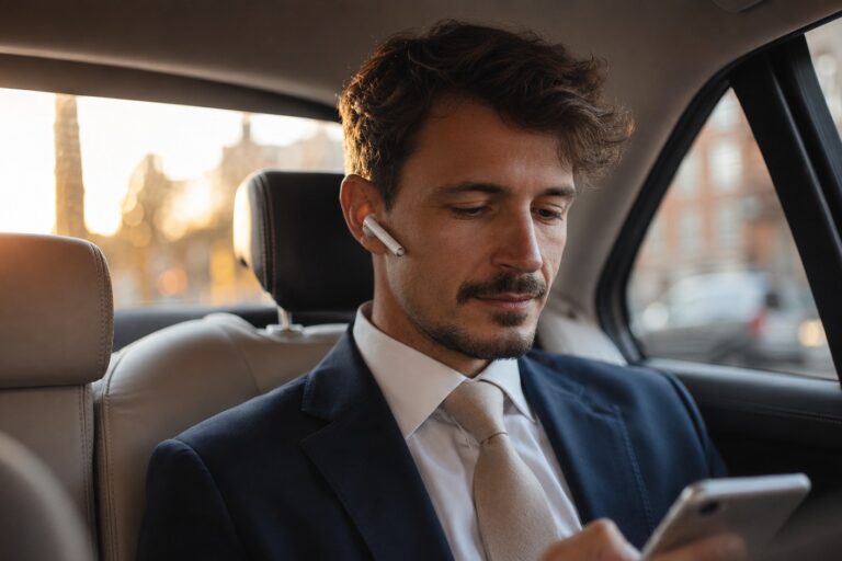 Directivo mirando su móvil y con auriculares mientras viaja en su coche