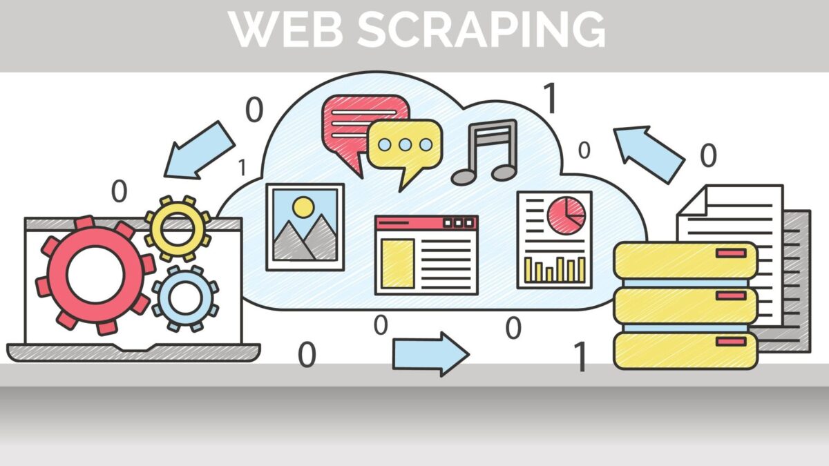 Ilustración sobre web scraping, donde se ve un portátil con engranajes; una nube con datos, fotos, etc.; así como documentos con datos