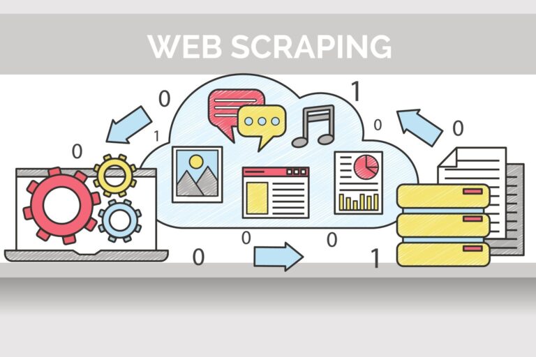 Ilustración sobre web scraping, donde se ve un portátil con engranajes; una nube con datos, fotos, etc.; así como documentos con datos
