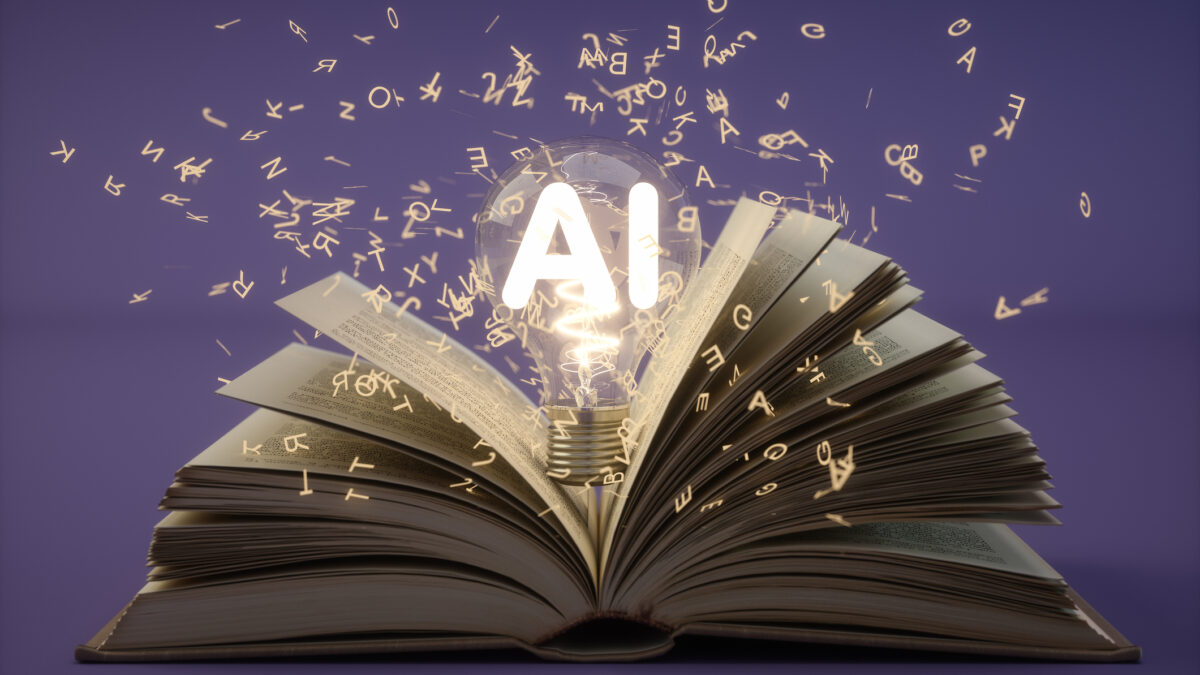 Imagen de un libro abierto donde salen números y letras junto a la IA