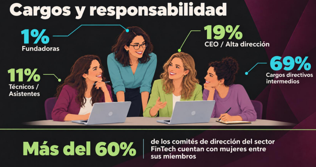 Cargos y responsabilidad de las mujeres en el sector fintech