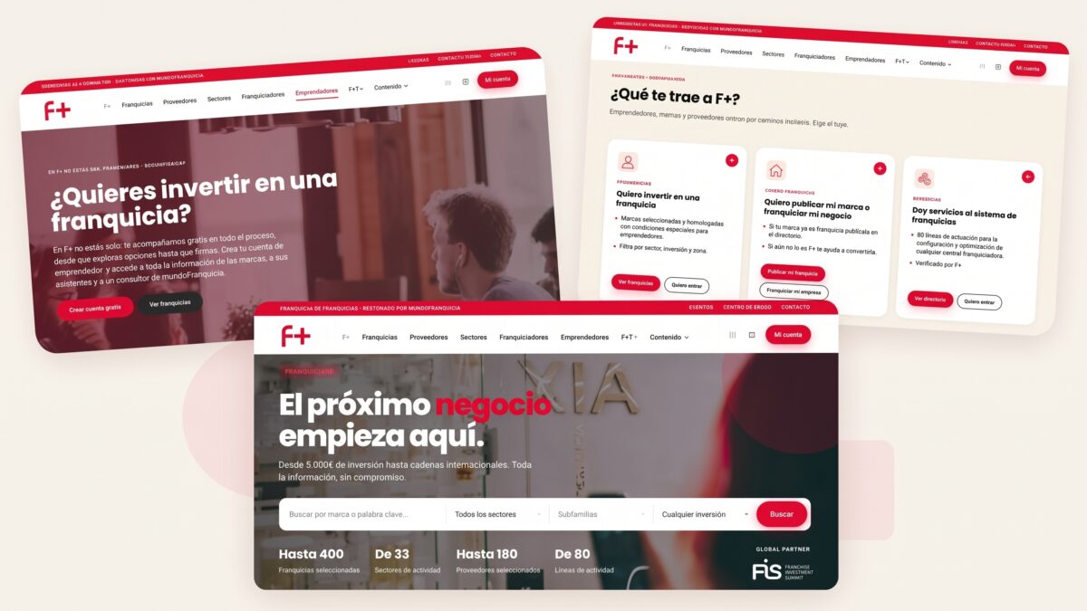 Montaje con tres pantallazos de F+, la nueva plataforma de franquicias de Mundofranquicia