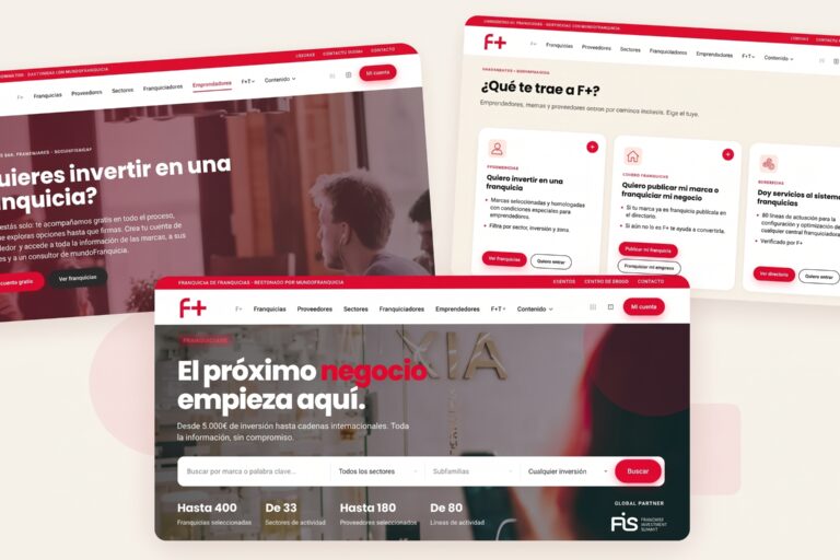 Montaje con tres pantallazos de F+, la nueva plataforma de franquicias de Mundofranquicia