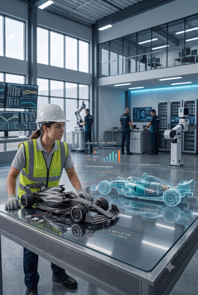 una profesional de la Formula 1 trabaja con un gemelo digital