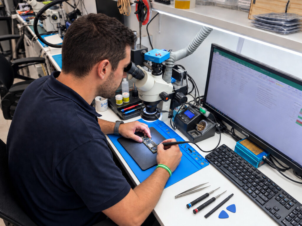Técnico de la franquicia Manzana Rota trabajando en el laboratorio