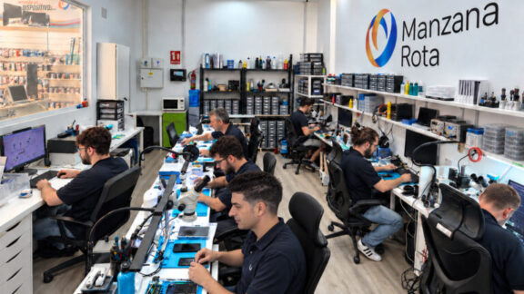 Interior del laboratorio de reparación de móviles y dispositivos similares de Manzana Rota