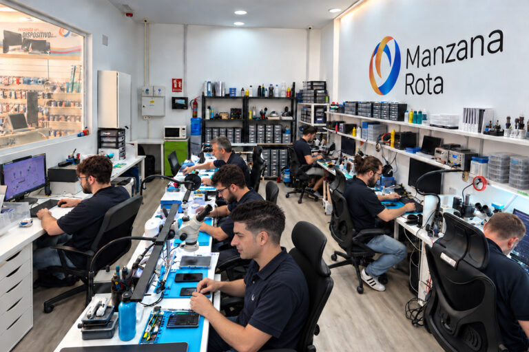 Interior del laboratorio de reparación de móviles y dispositivos similares de Manzana Rota