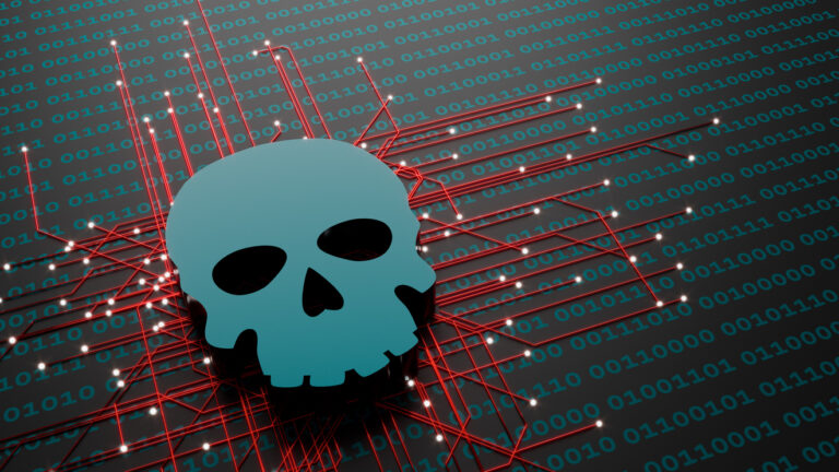 Calavera sobre unos y ceros, como ilustración de un ciberataque