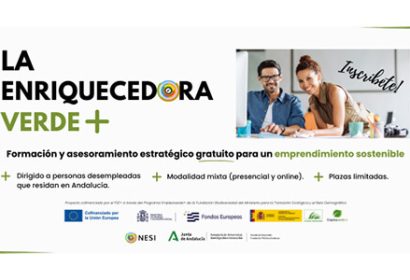 La Fundación Foro NESI de Nueva Economía e Innovación Social y Andalucía Emprende, Fundación Pública Andaluza, se unen para impulsar La Enriquecedora Verde+, programa gratuito que ofrece formación y asesoramiento estratégico para impulsar el emprendimiento sostenible en Andalucía. Gracias a esta colaboración, ambas organizaciones multiplican sus esfuerzos para transformar ideas emprendedoras en empresas con impacto positivo en la sociedad y el medio ambiente. Con un total de 100 plazas disponibles, distribuidas en dos ediciones, está dirigido a personas interesadas en emprender que actualmente se encuentren en situación de desempleo y residan en Andalucía, con especial prioridad a las mujeres, personas residentes en zonas rurales o municipios de transición justa, y colectivos con dificultades de inserción laboral. El plazo de inscripción para la primera edición está abierto hasta el 18 de mayo, con capacidad para 50 personas. La solicitud de participación se puede realizar en la web a través de este formulario: https://nesi.es/enriquecedora-verde/#inscripcion Se desarrollará entre mayo y diciembre de 2025, combinando la modalidad online y presencial contando con un equipo de profesionales que acompañarán a las personas participantes para acelerar su idea de emprendimiento y consolidar su empresa. El programa tiene como objetivo enriquecer las ideas de negocio para que sean más sostenibles y alineadas con la economía circular, más tecnológicas aplicando soluciones digitales, más colaborativas apoyándose en redes de cooperación y más inspiradoras, con un propósito que genere impacto positivo, más allá del beneficio económico. Durante el itinerario las personas participantes recibirán formación en habilidades blandas e igualdad de género abordando temáticas como el autoconocimiento, el liderazgo, la gestión emocional y del tiempo. También se formarán en nuevas economías, sostenibilidad, innovación social con un enfoque práctico. Todo ello acompañado de mentorías estratégicas personalizadas con expertos de los Centros Andaluces de Emprendimiento más cercanos a la localidad de cada participante y asesoramientos temáticos sobre Economía Circular y Sostenibilidad y Nuevas Tecnologías y Digitalización. Las actividades de networking y la creación de comunidad es uno de los principales objetivos del programa que pretende generar sinergias, fomentando la colaboración y el tejido emprendedor en red. El programa está financiado por la Fundación Biodiversidad a través del Programa Empleaverde+ del Fondo Social Europeo Plus (FSE+ 2024), cuyo objetivo es mejorar la empleabilidad y fomentar el emprendimiento en nuevas economías, contribuyendo así a una economía más sostenible y justa socialmente.