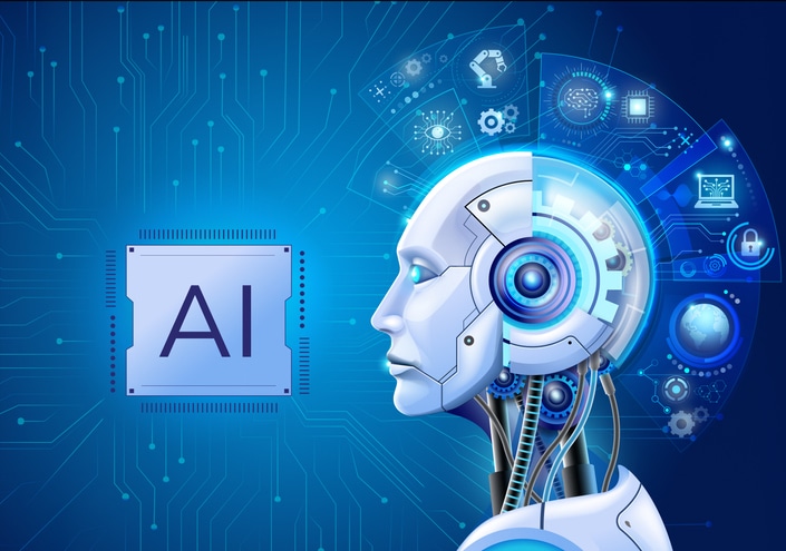 cabeza de robot con la palabra IA
