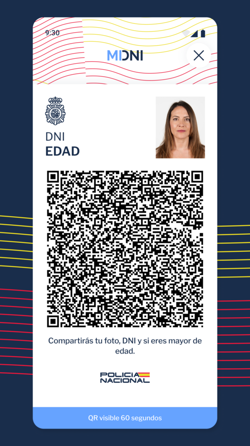 Pantalla de la app MiDNI mostrando un DNI en formato Edad con código QR para verificar la mayoría de edad