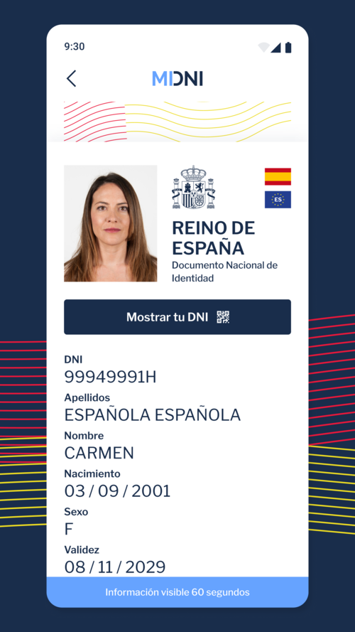 Pantalla de la app MiDNI mostrando datos completos de registro