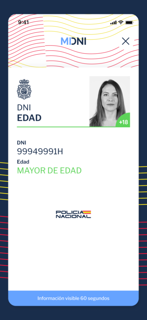 Pantalla de la app MiDNI mostrando un DNI donde se refleja la edad